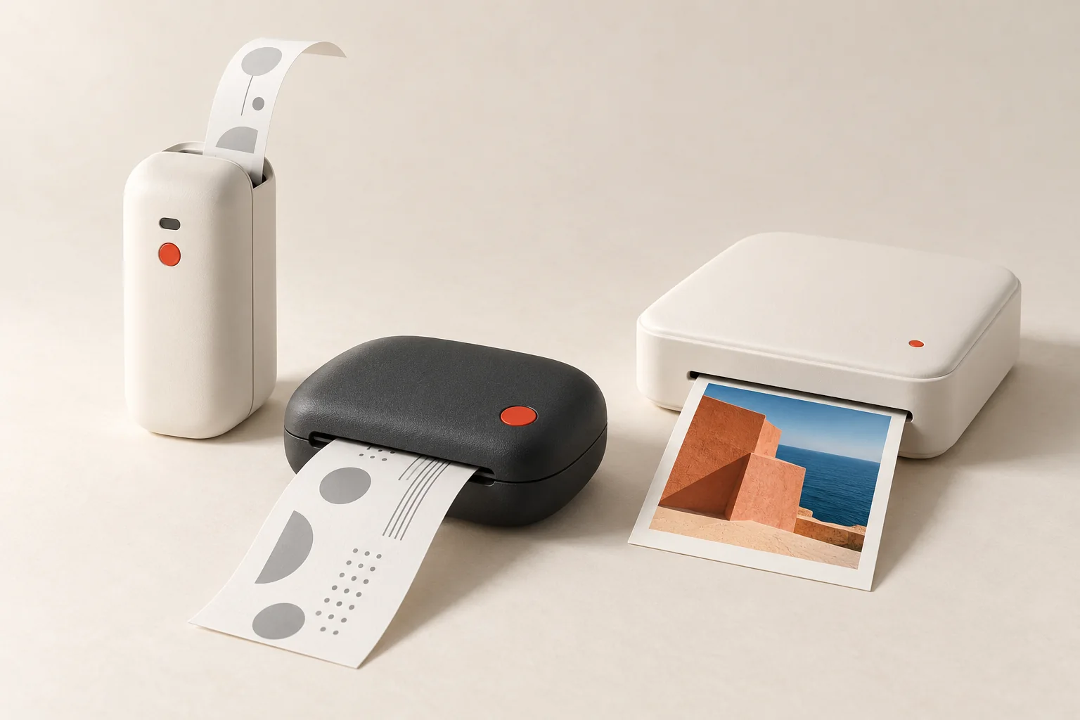 Three fictional personal-printing devices arranged with paper outputs
