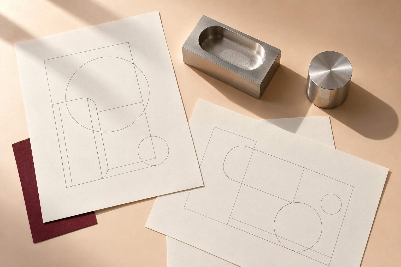 Illustrative evidence desk with component studies and unmarked reference papers