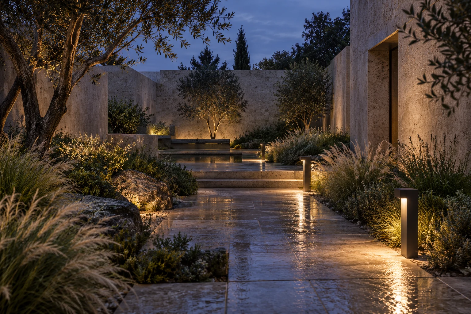 Imagined stone courtyard at blue hour with low warm-lit bollards and planting
