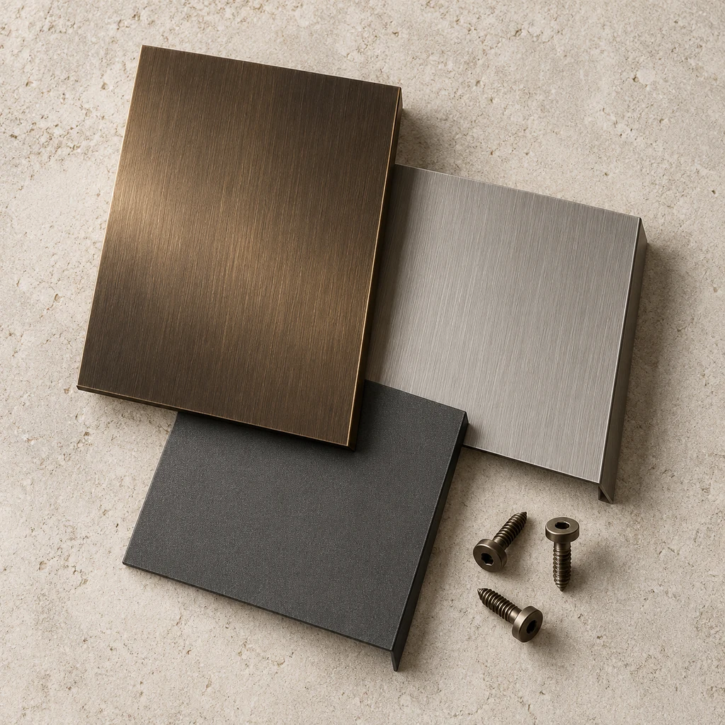 Original concept finish swatches in bronze, graphite and chalk grey on stone
