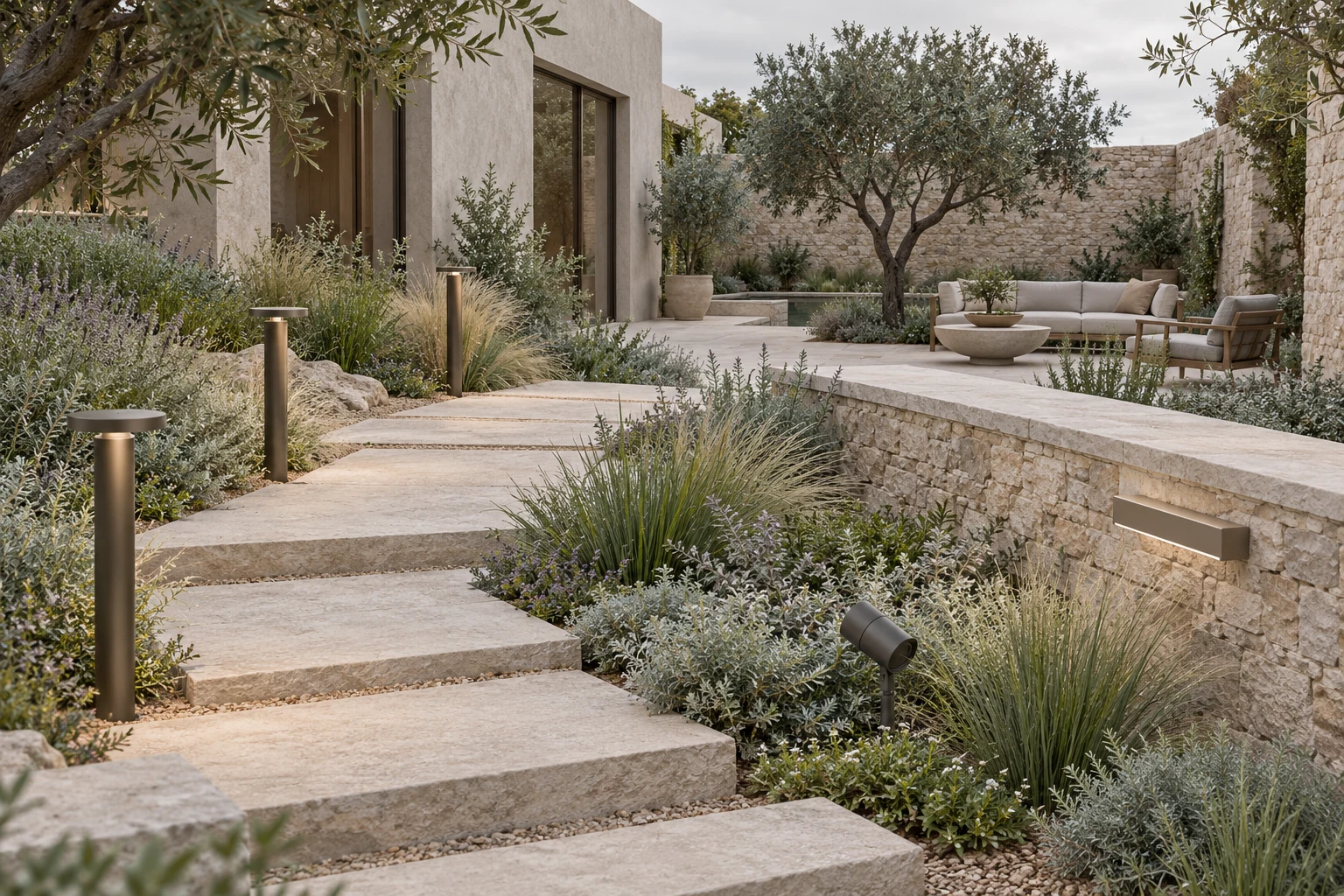 Illustrative daylight landscape with a terraced path, courtyard and low wall