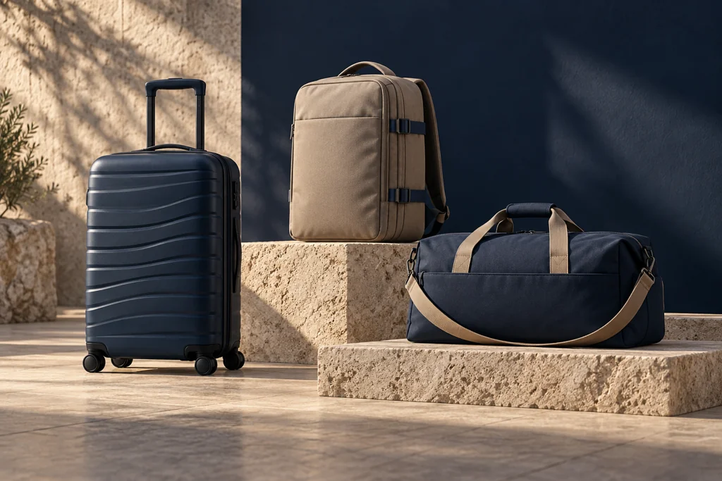 Original AI concept family of navy rolling luggage, taupe travel pack and navy holdall