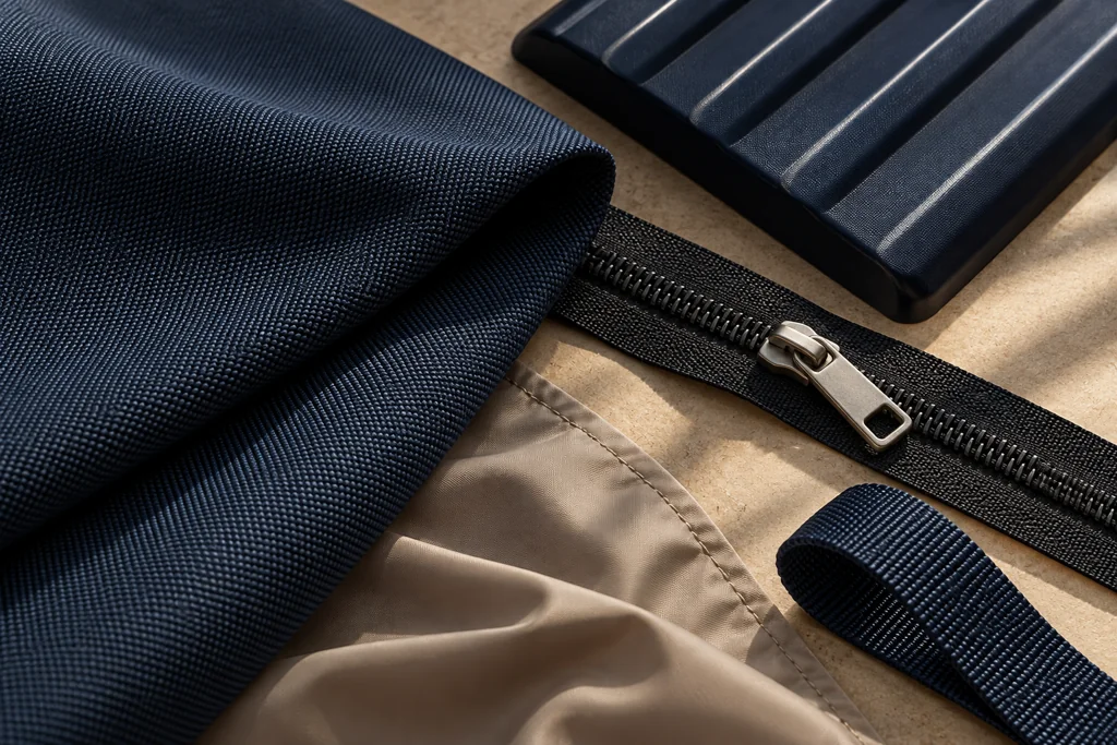 AI concept close-up of navy cloth, shell surface, zipper tape, lining and webbing