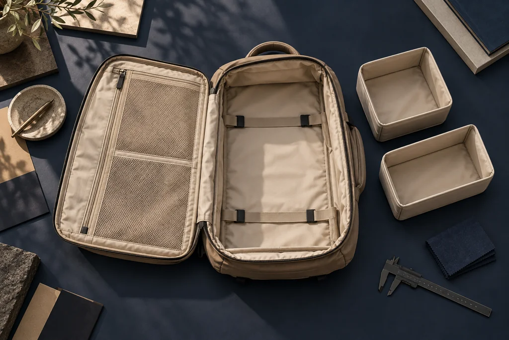 AI concept interior review scene for a travel backpack