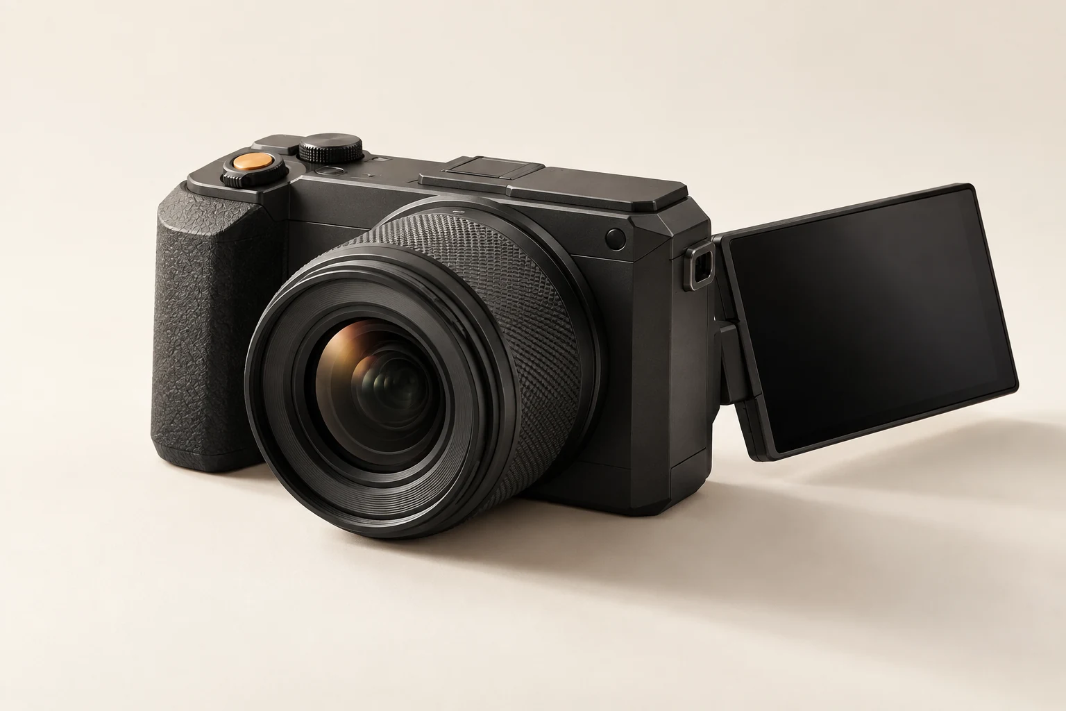 AI-generated concept of a charcoal compact camera with a knurled lens and amber shutter accent.