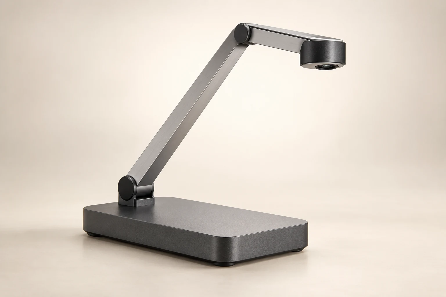 AI-generated concept of a hinged aluminum document camera on a graphite base.