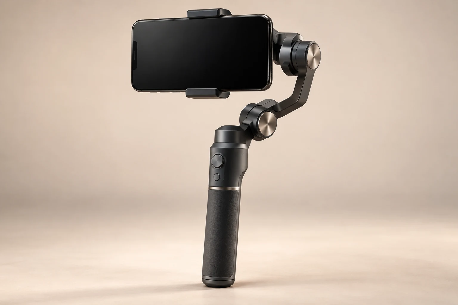 AI-generated concept of a charcoal three-axis phone stabilizer holding an unbranded dark-screen phone.
