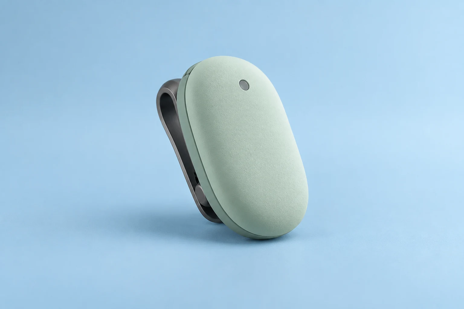 AI-generated concept of a mint-green pebble movement tracker with a graphite clip and unlit status window.
