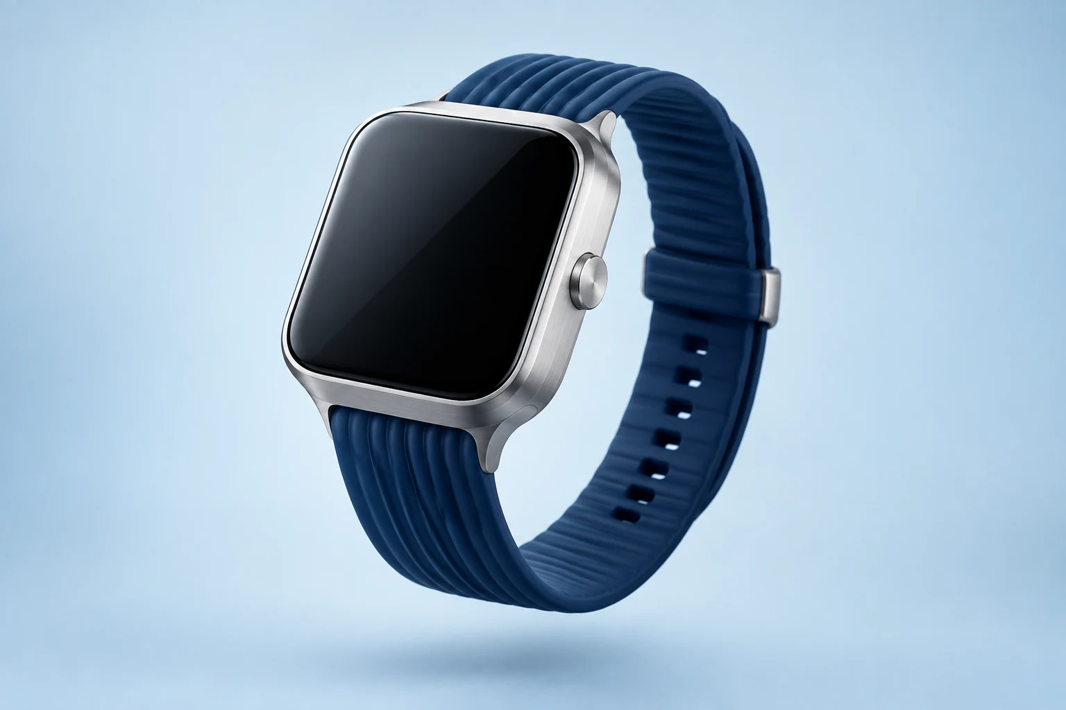 AI-generated concept of a silver activity watch with a cobalt silicone band and inactive screen.