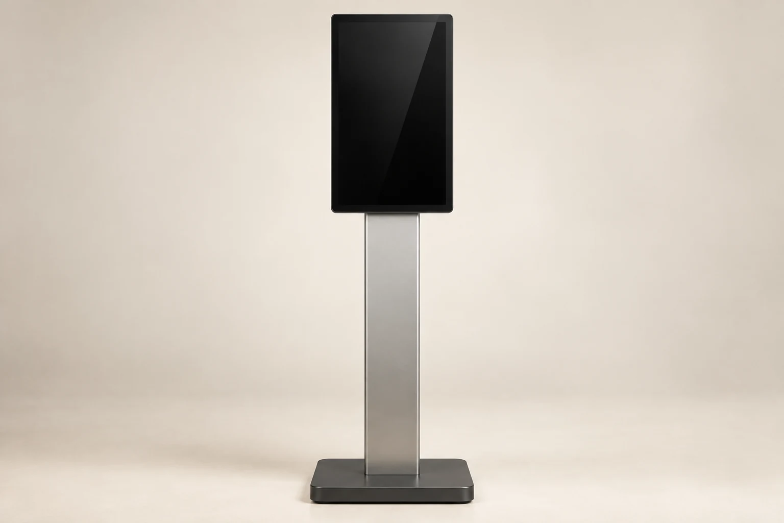 AI-generated concept of a tall graphite portrait display on a satin aluminum pedestal and weighted base.