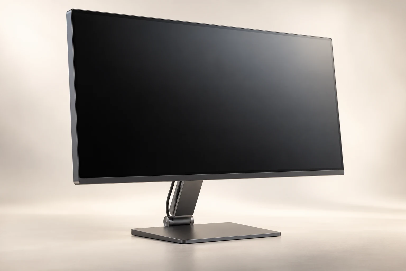 AI-generated concept of a slim graphite landscape display with an articulated stand and inactive screen.