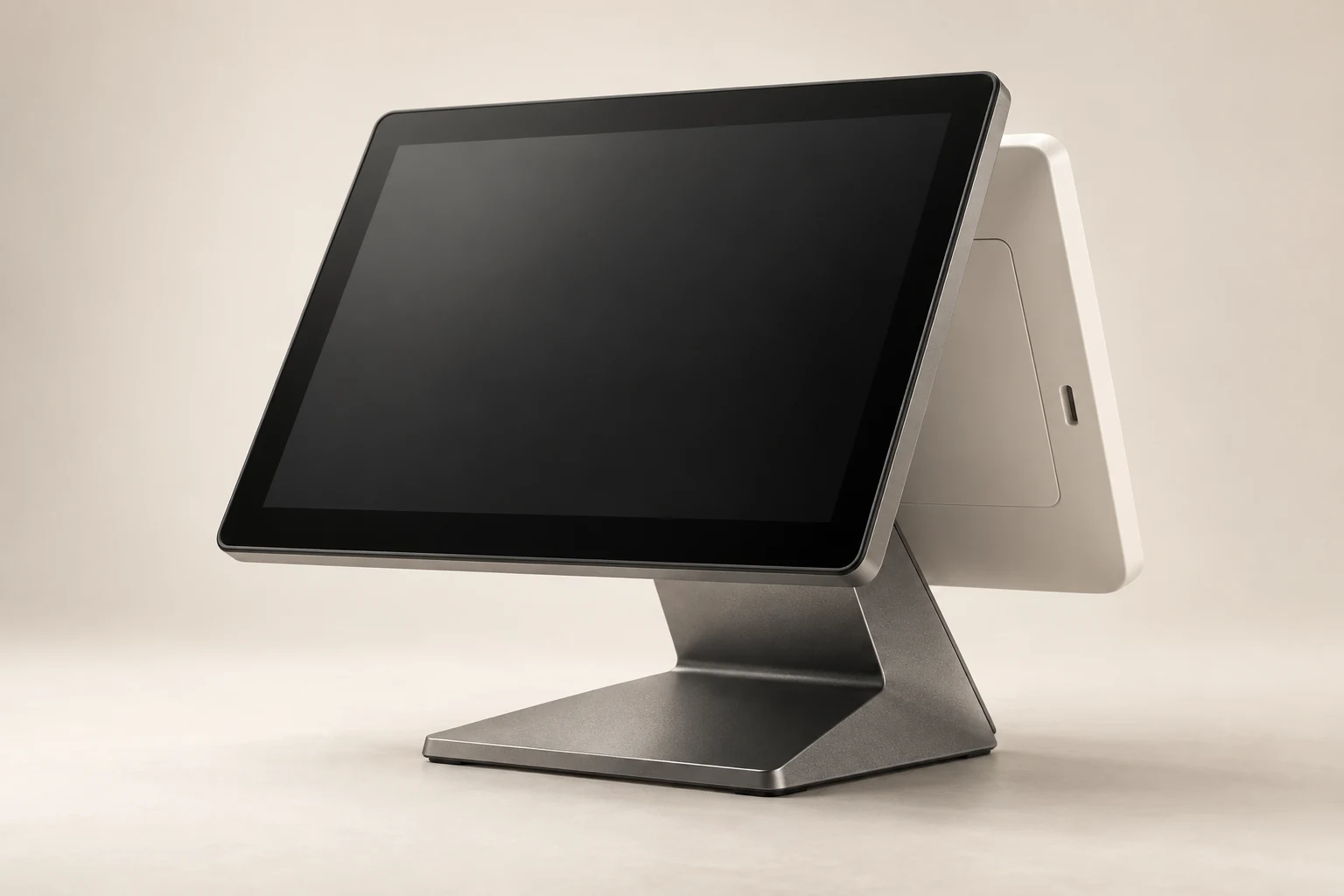 AI-generated concept of an ivory and graphite countertop terminal with inactive glass screen.