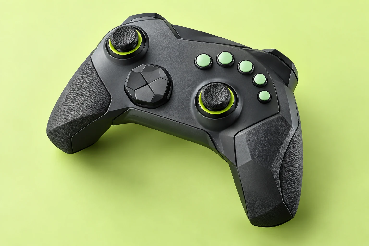 AI-generated concept of an original faceted charcoal controller with lime stick rings and blank mint buttons.