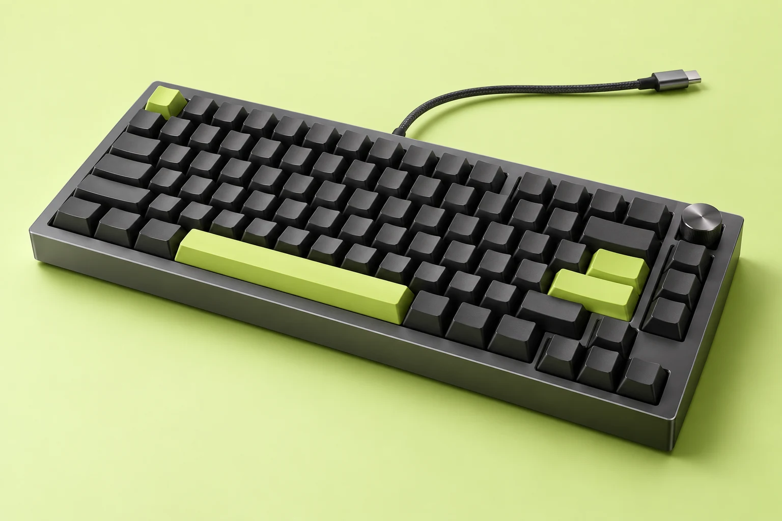 AI-generated concept of a charcoal compact keyboard with blank keycaps, lime accents and a silver knob.