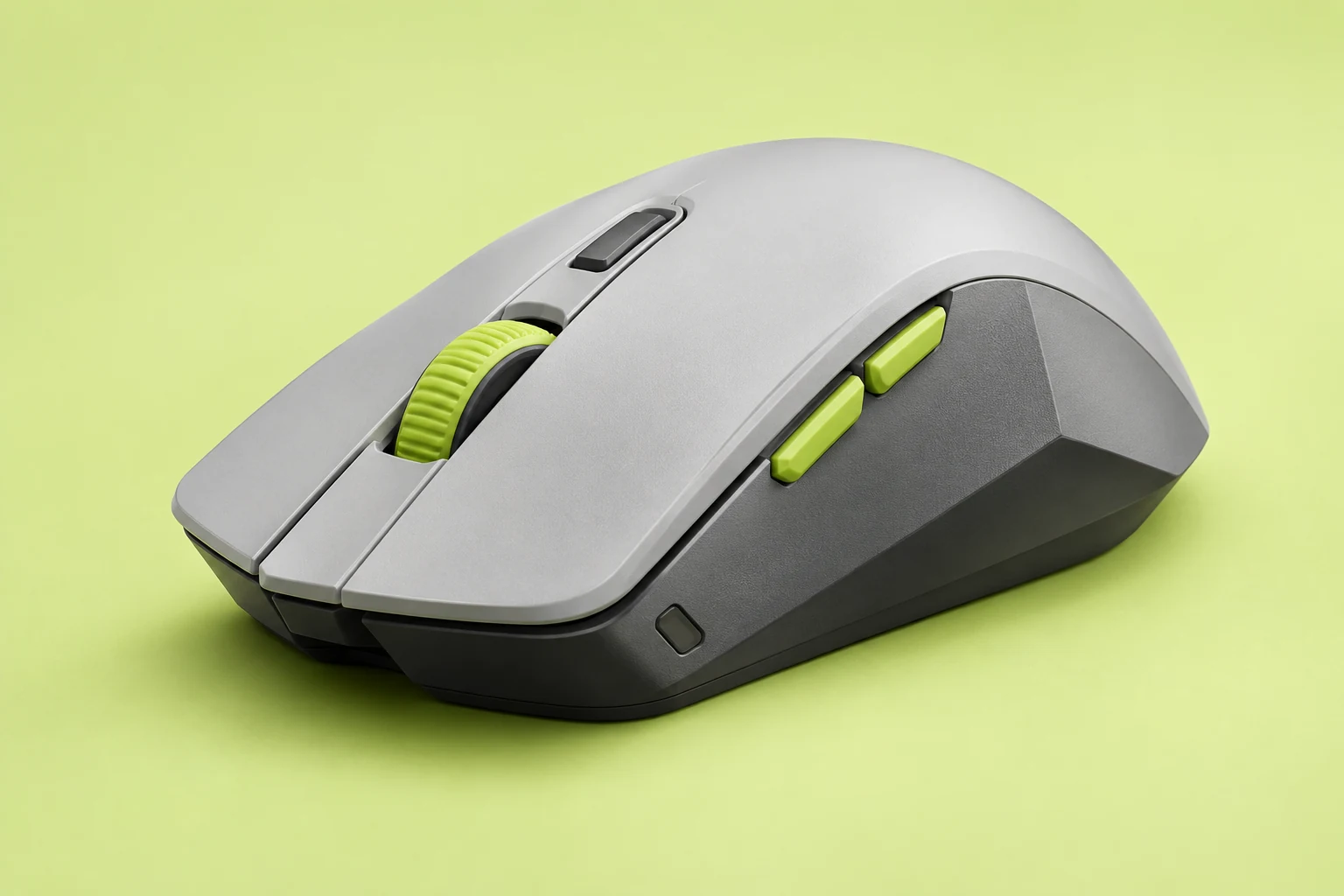 AI-generated concept of a pale-gray gaming mouse with a lime scroll wheel and graphite side panel.