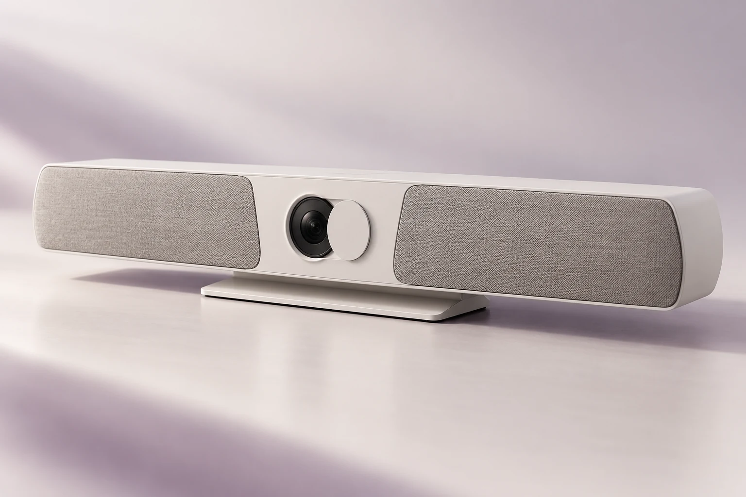 AI-generated concept of an ivory conference camera bar with a small central lens and fabric speaker grilles.