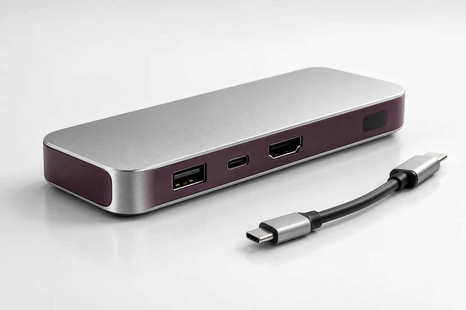 AI-generated concept of a satin-aluminum meeting connection bridge with unmarked connector openings and a short cable.