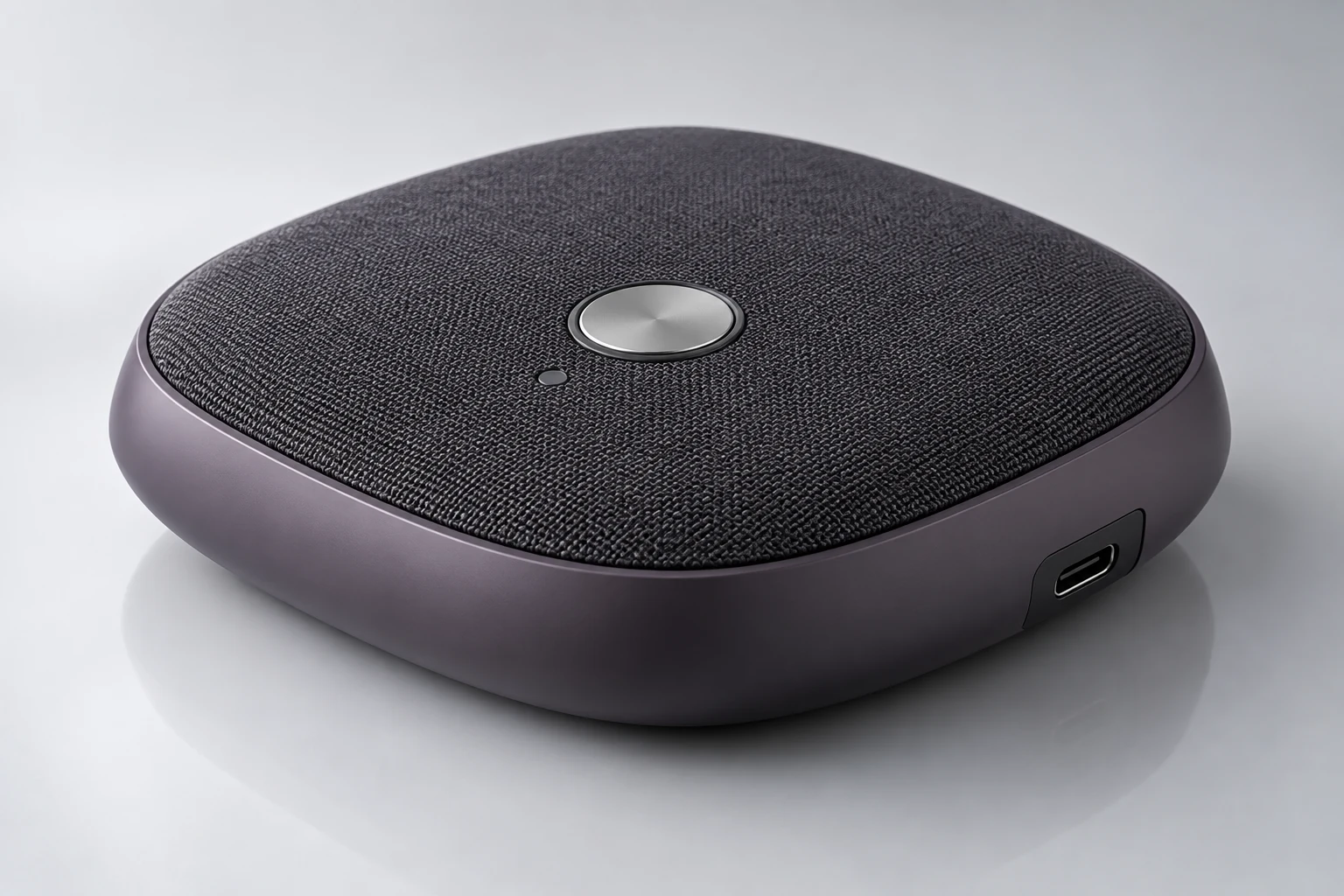 AI-generated concept of a muted-plum tabletop speaker hub with fabric surface and an unmarked silver button.