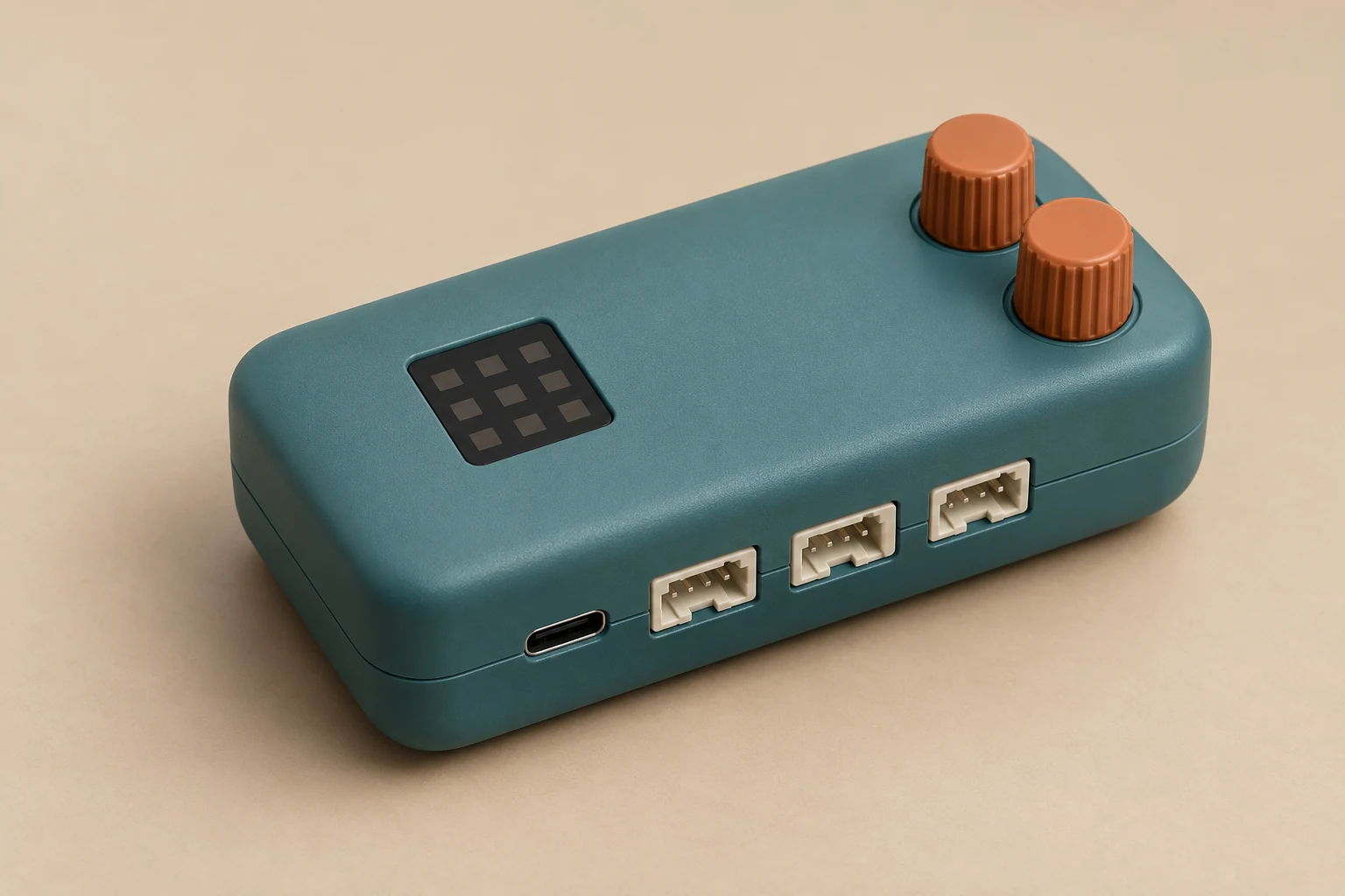 AI-generated concept of a teal enclosed maker controller with a tiny inactive indicator window, terracotta knobs and keyed sockets.