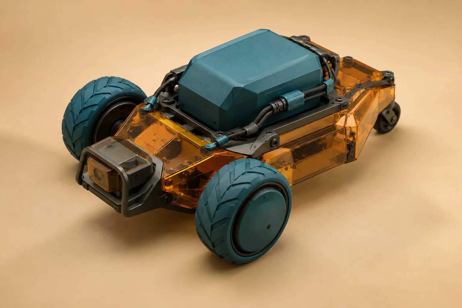AI-generated concept of an amber desk-rover chassis with two teal wheels, enclosed control block and tidy keyed cables.