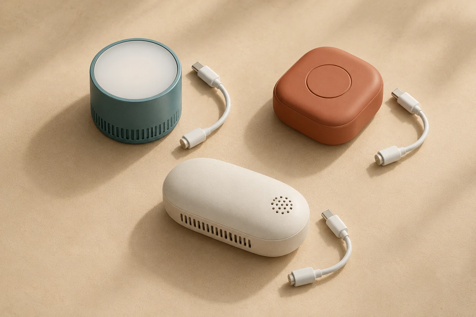AI-generated flat lay of three enclosed teal, terracotta and ivory sensor pods with short keyed cables.