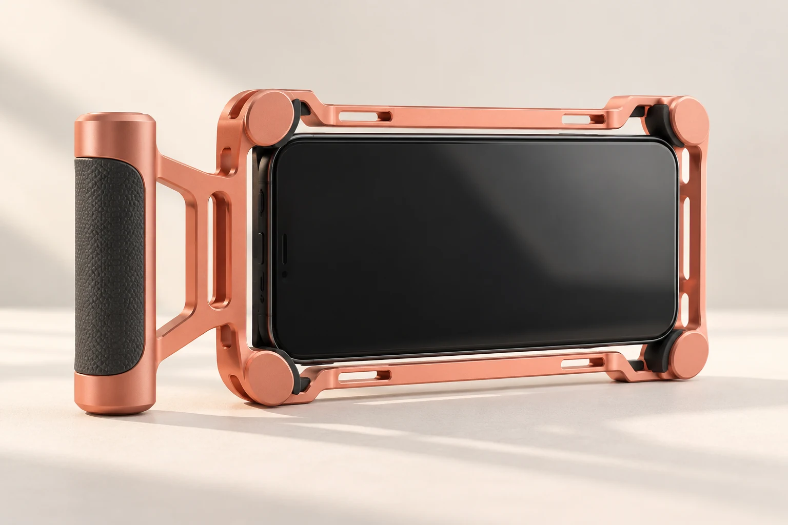 AI-generated concept: a coral open phone frame with padded corners and short side handle.