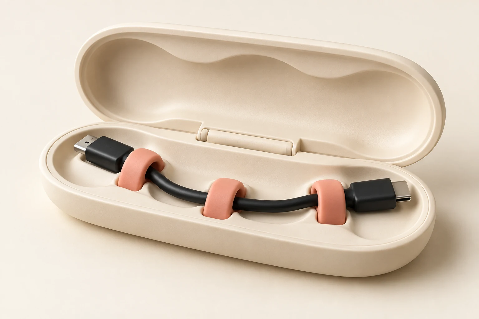 AI-generated concept: an ivory oval open shell with coral clips and a blank short cable.