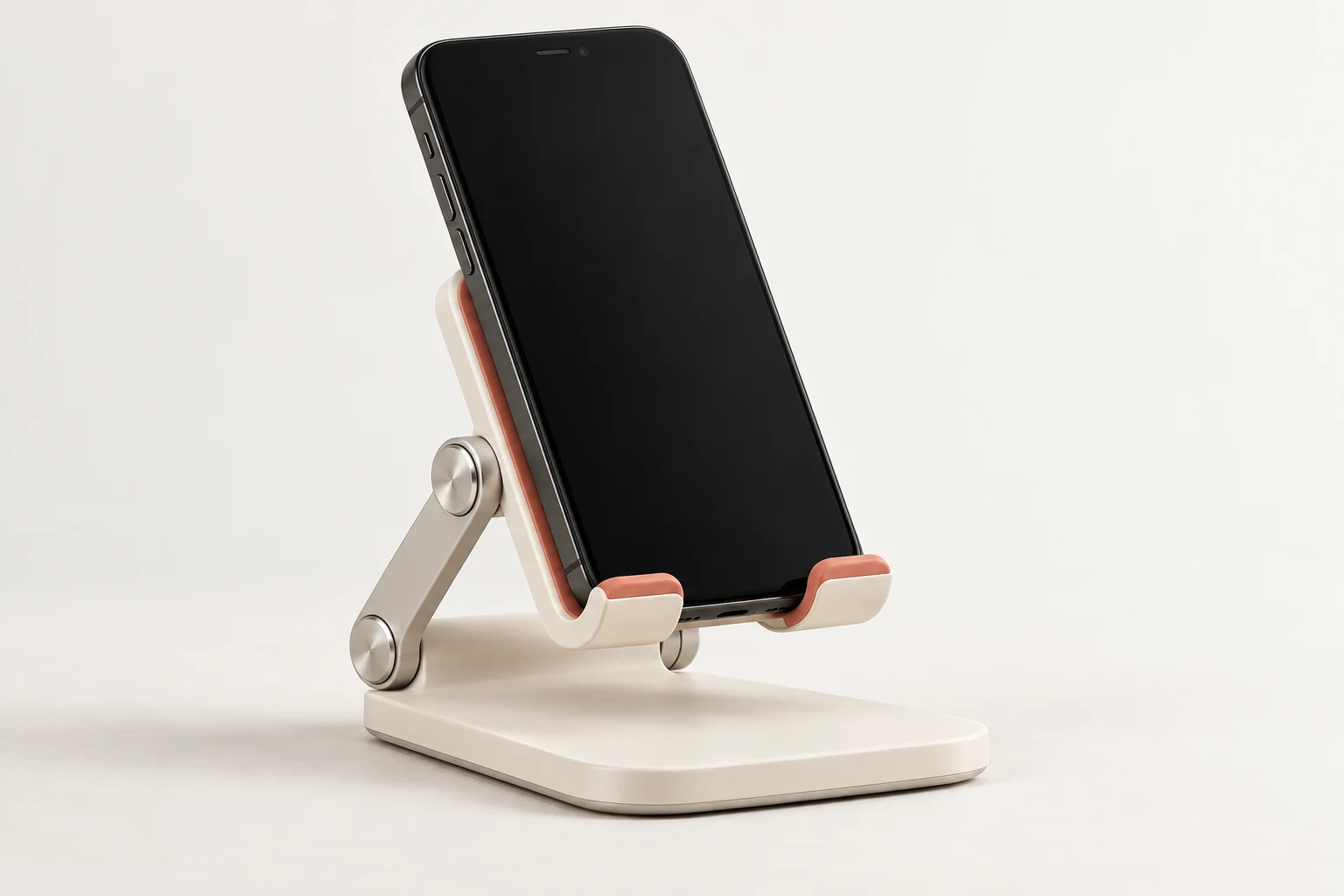 AI-generated concept: an ivory hinged tabletop phone stand with coral pads and a blank phone.