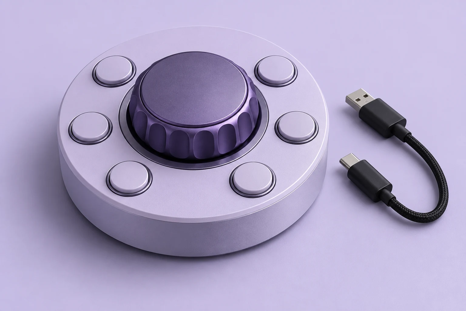 AI-generated concept: a lavender circular controller with violet ring and six blank buttons.
