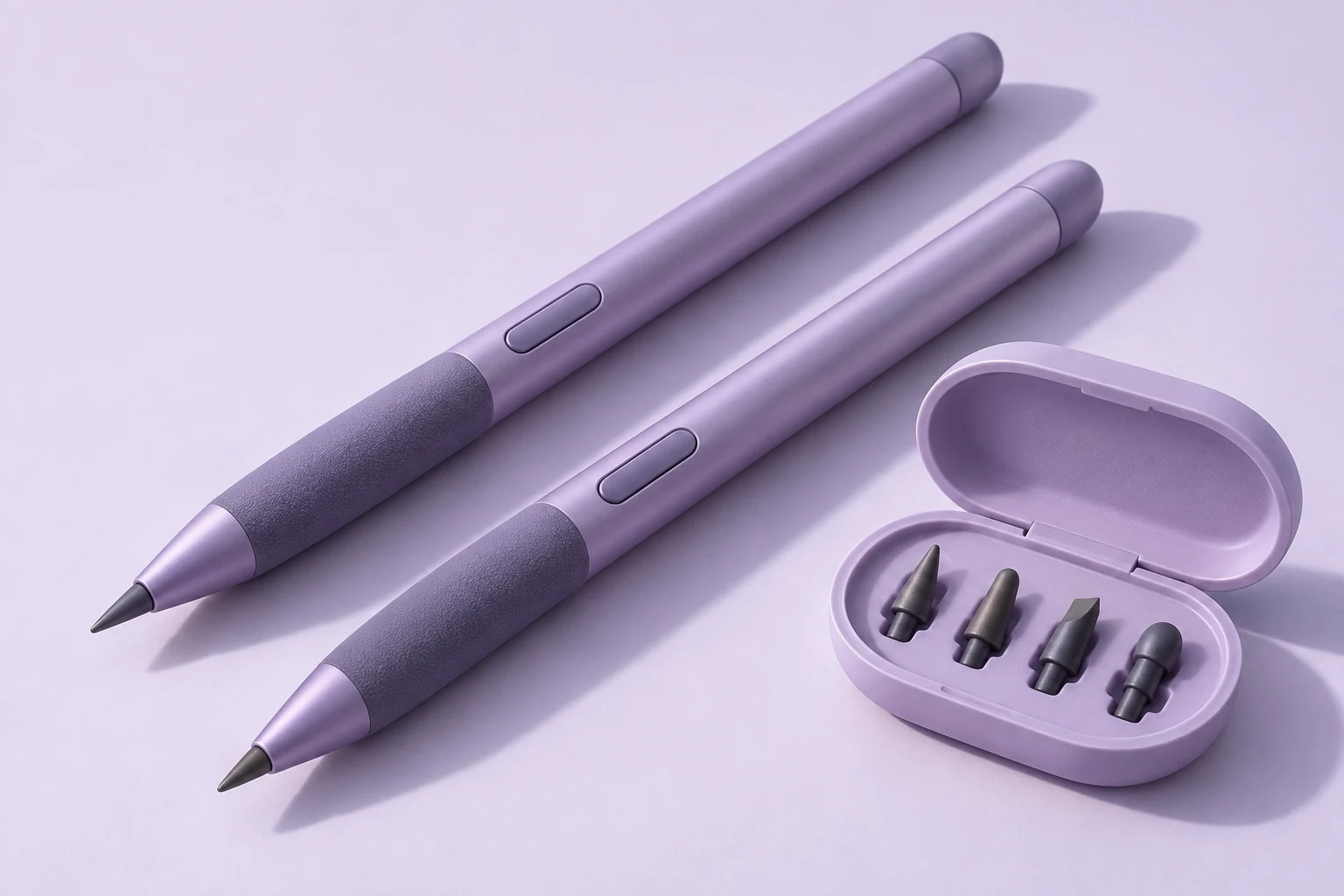 AI-generated concept: violet styluses and four proposed nibs in an open lavender case.