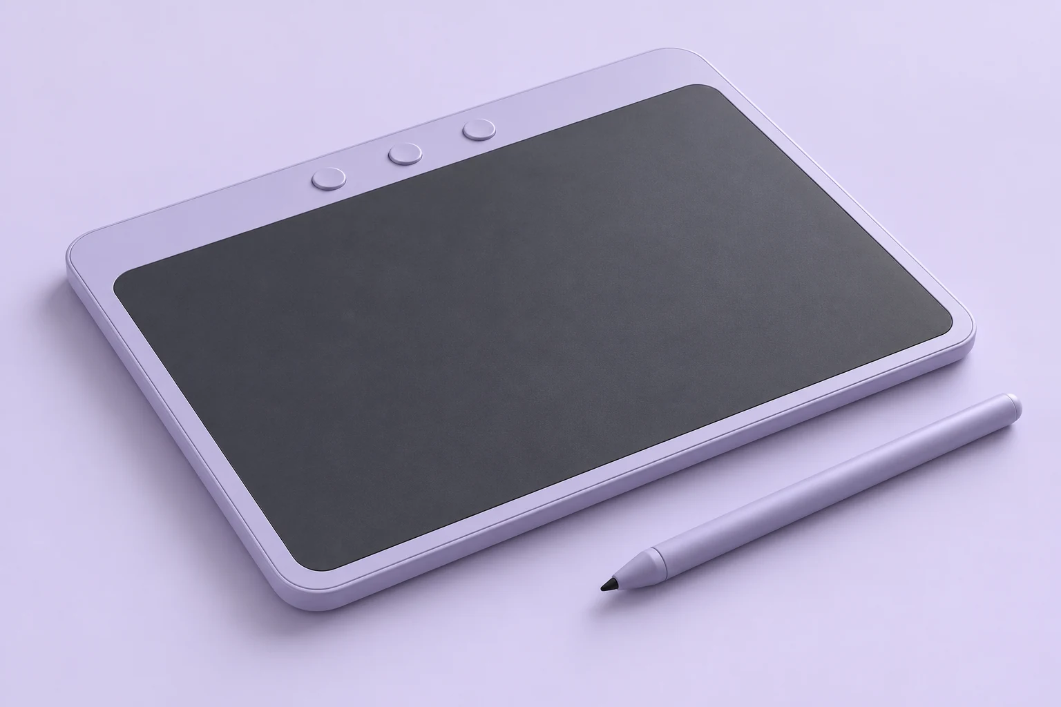 AI-generated concept: a lavender tablet with graphite drawing surface, three blank controls and violet pen.