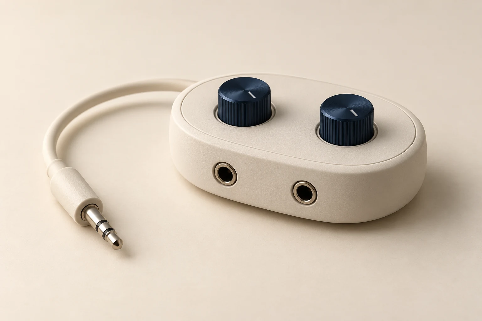 AI-generated concept: an ivory dual-jack pod with two navy rotary controls and detached cable.