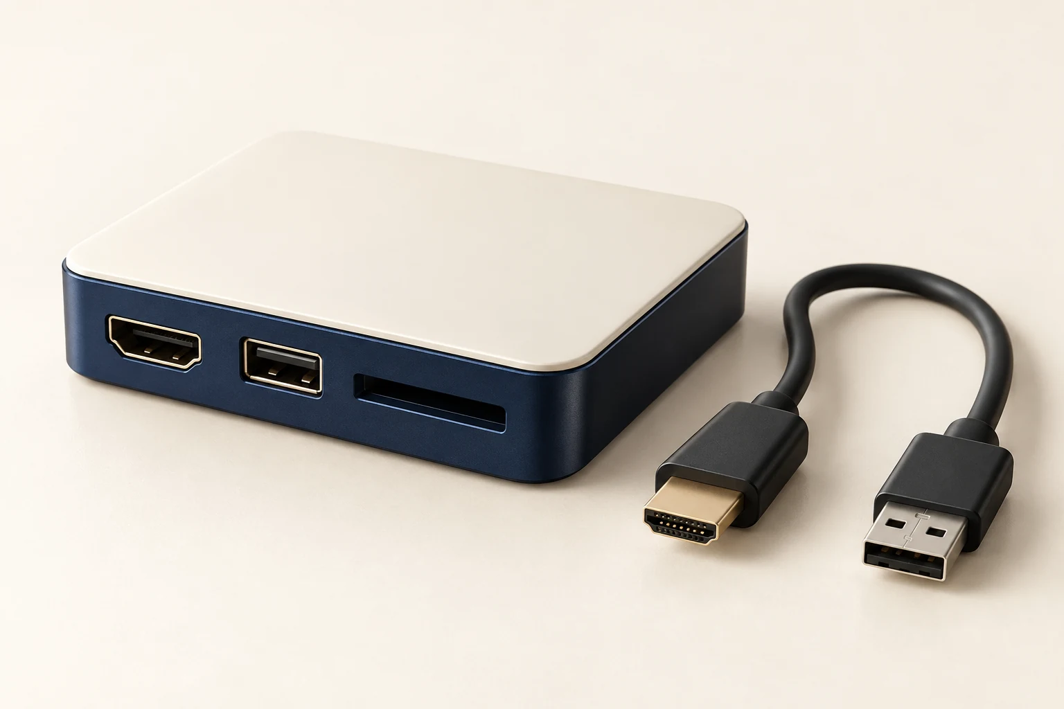 AI-generated concept: a navy/ivory box with generic connectors and a detached cable.