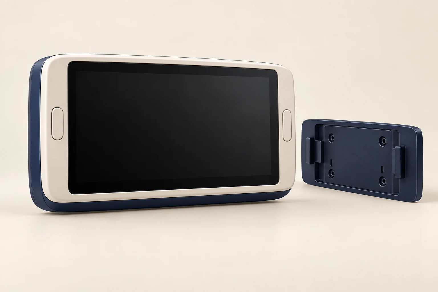AI-generated concept: an inactive ivory/navy display on a freestanding sample support with detached bracket.
