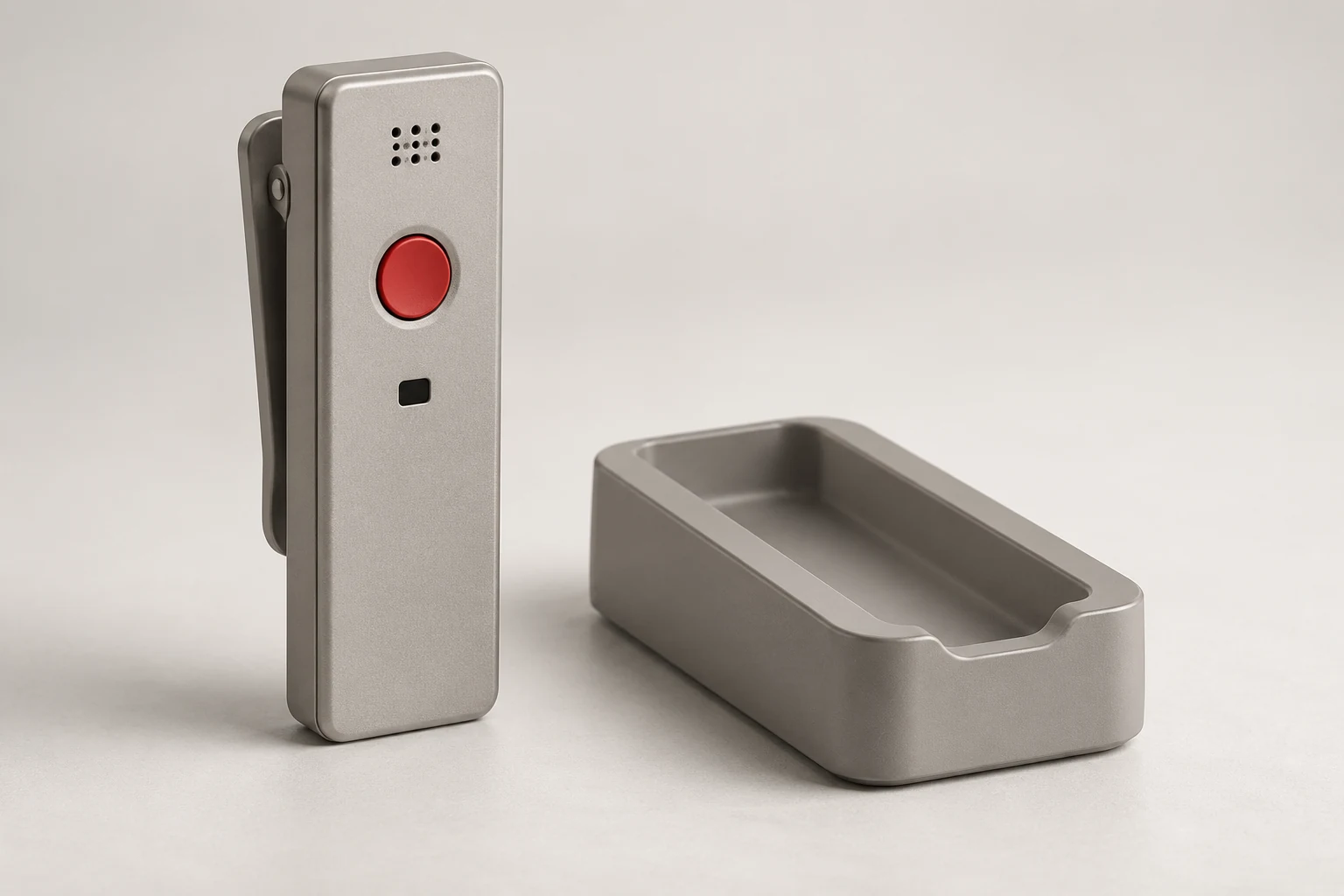 AI-generated concept: a slim gray recorder with red control and rear clip beside a blank cradle.