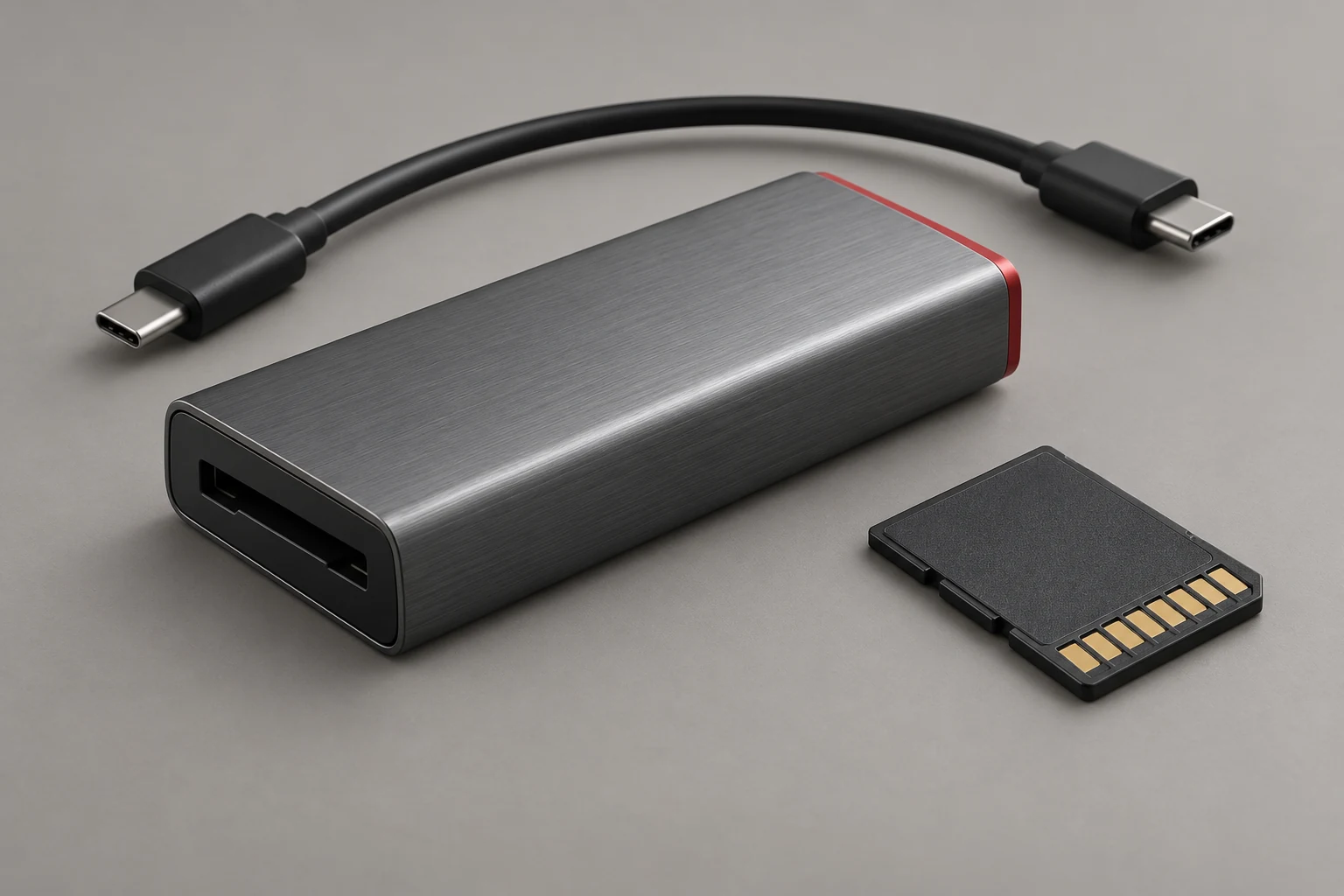 AI-generated concept: a graphite media-card reader with red endcap, blank card and detached cable.