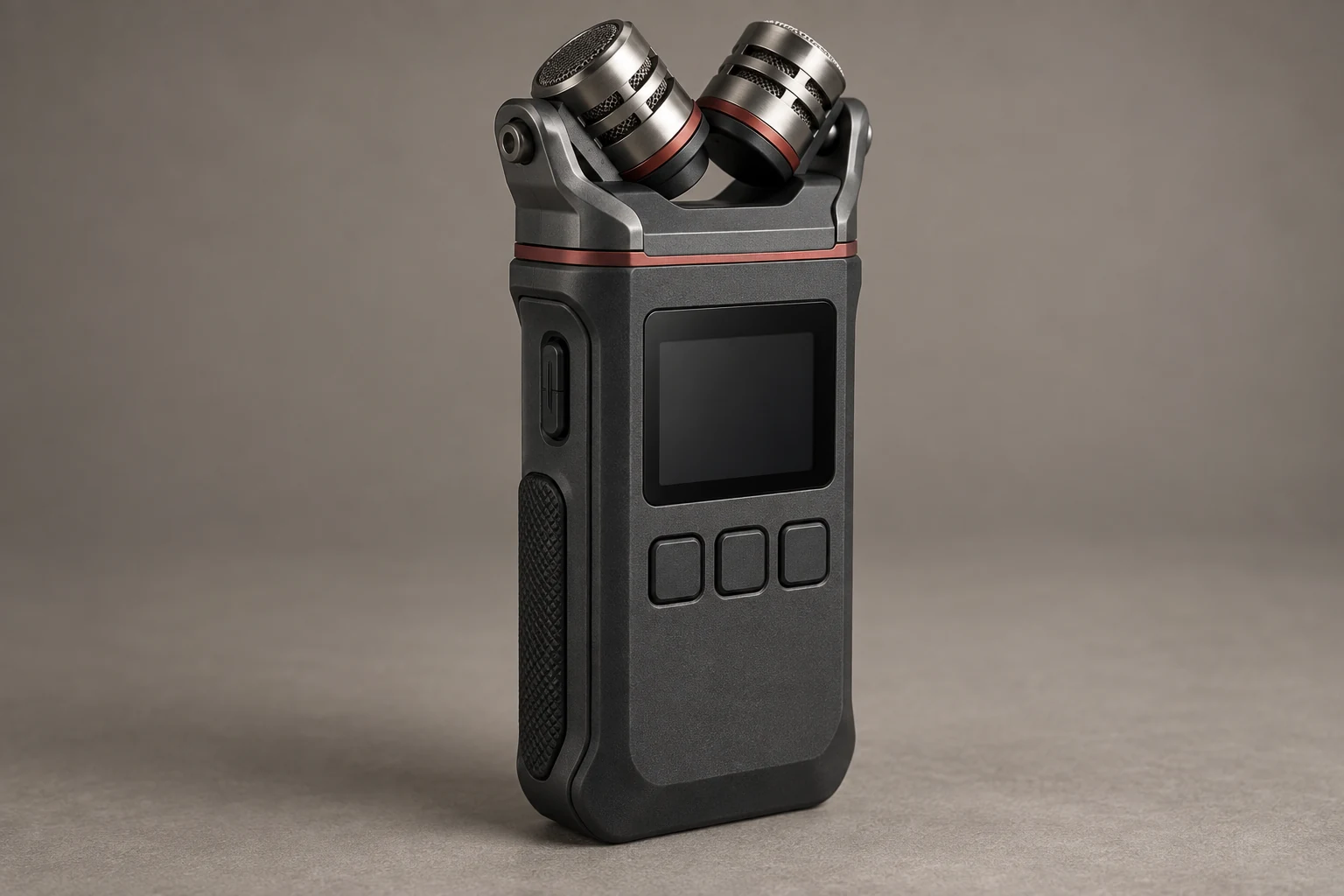 AI-generated concept: a graphite recorder with crossed microphone capsules and blank inactive display.