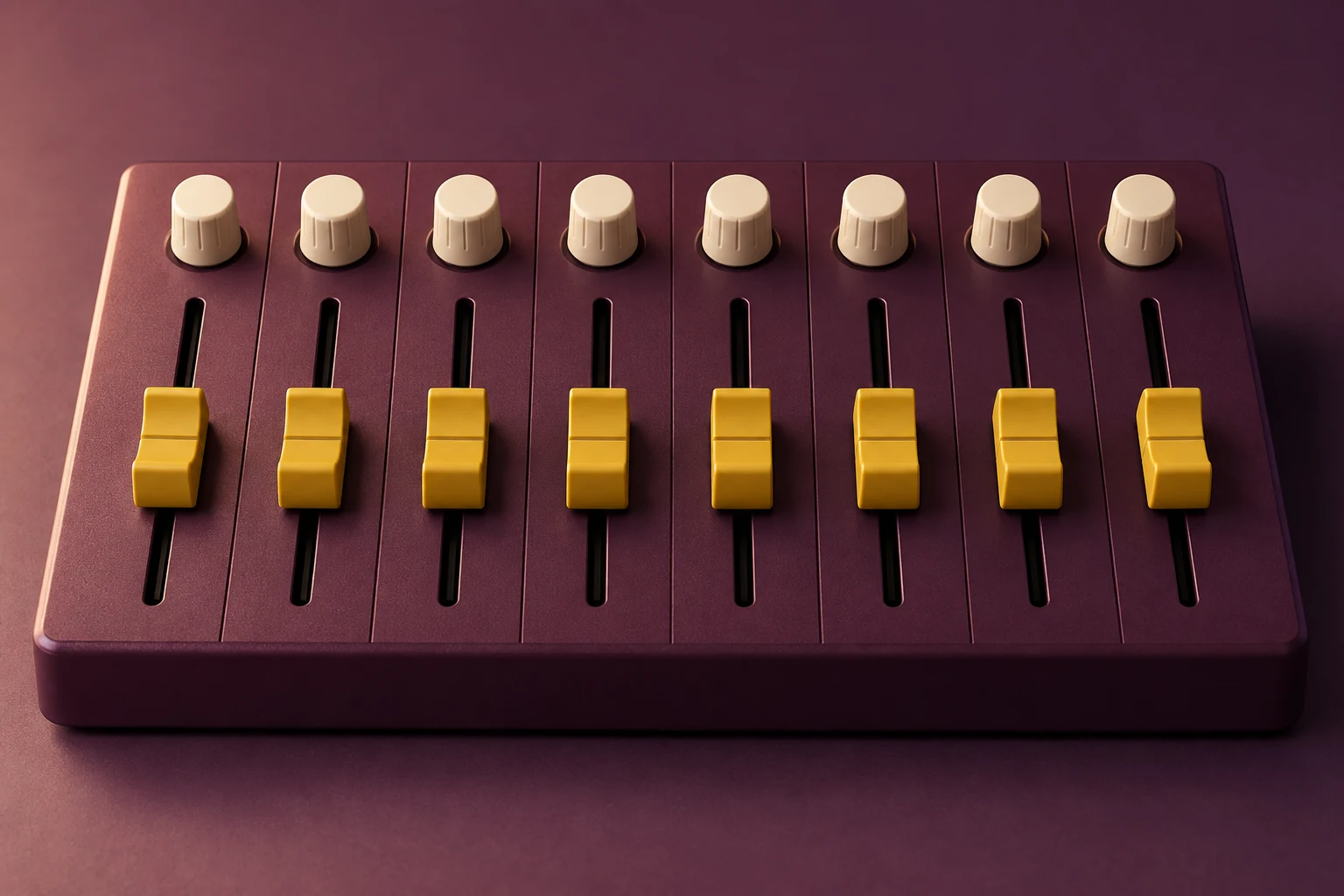 AI-generated concept: an aubergine surface with eight mustard fader caps and blank ivory knobs.
