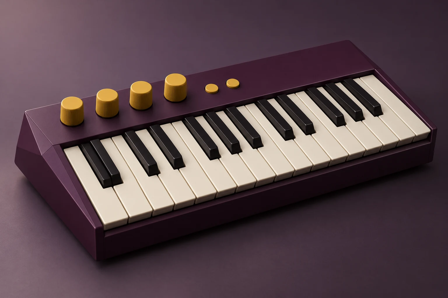 AI-generated concept: a plum musical keyboard with ivory piano-style keys and four mustard knobs.