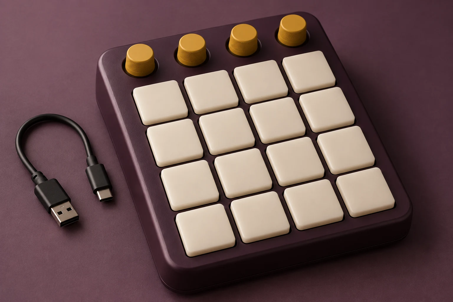 AI-generated concept: a plum enclosure with a four-by-four ivory pad grid and mustard encoders.