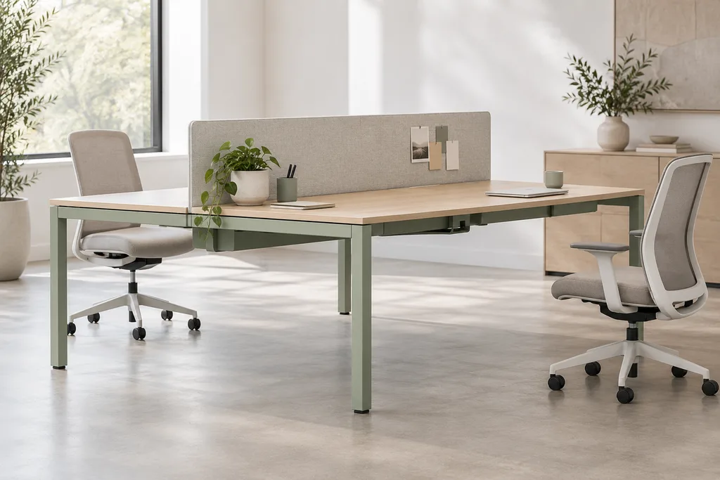 Original appearance concept: office paired bench, fictional furniture appearance; not a verified construction