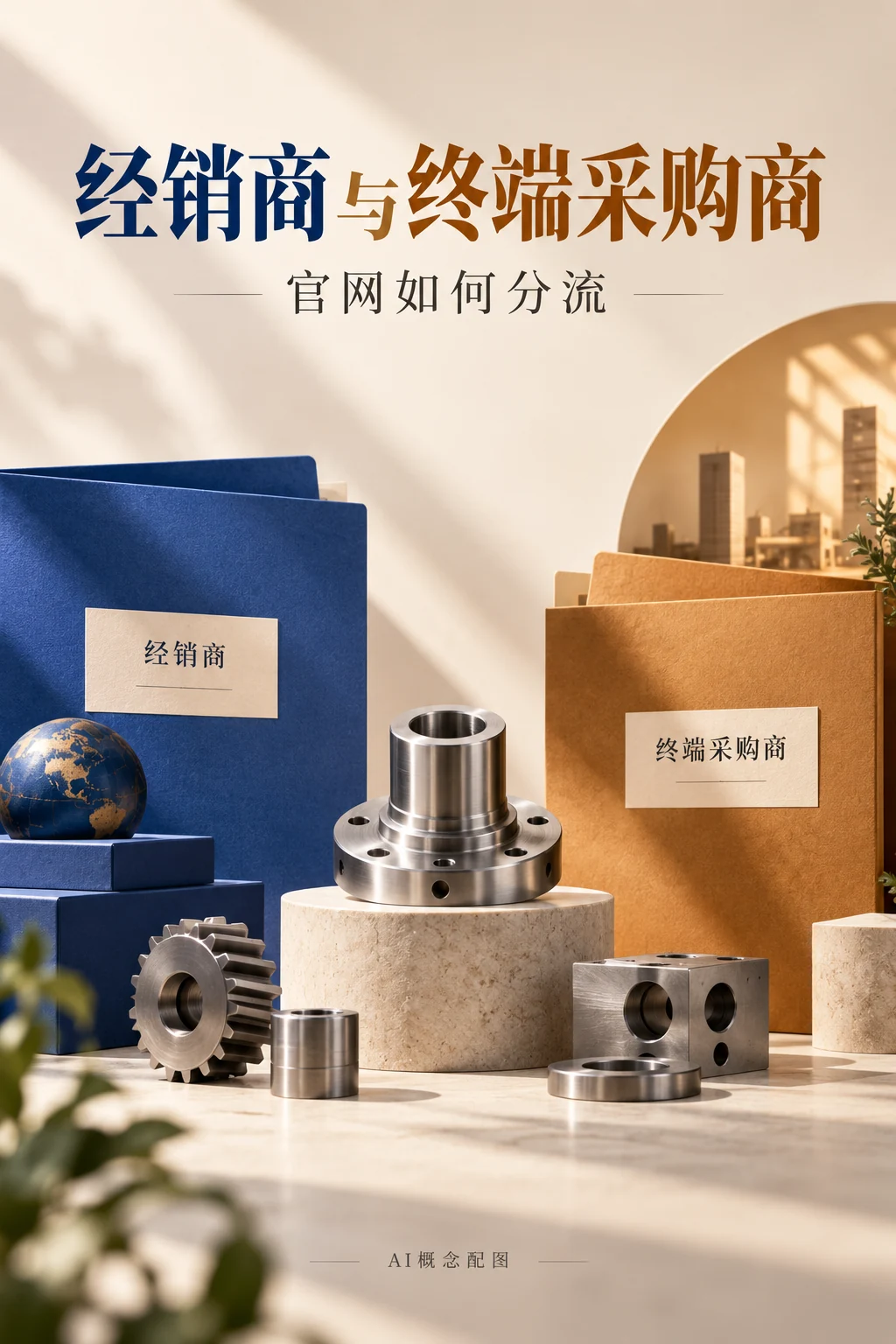 AI概念竖版海报：同一B2B官网怎样服务经销商与终端采购商：先按任务分流；不是真实企业或订单证据
