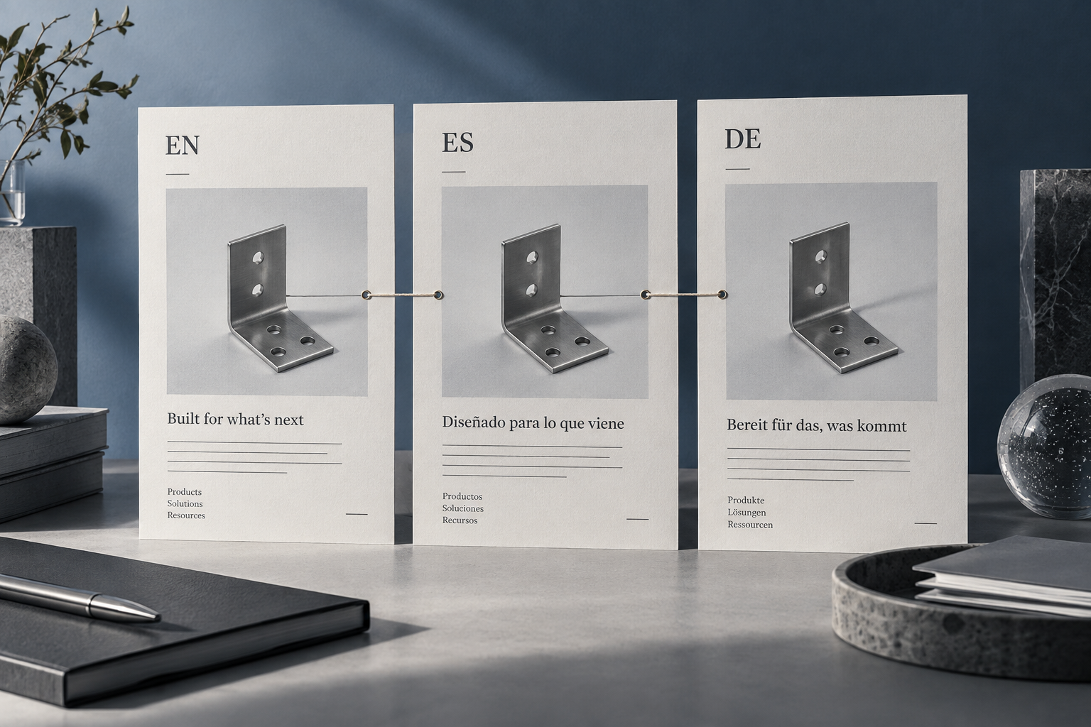 原创概念配图:同一个产品在 EN、ES、DE 三份页面资料中保持对应身份