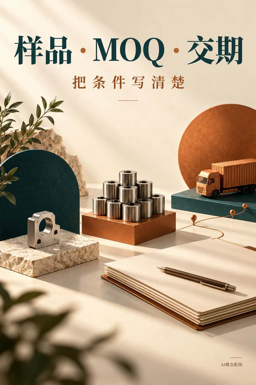 AI概念竖版海报:样品、MOQ和交期怎么写:让数量与时间都有条件;不是真实企业或订单证据