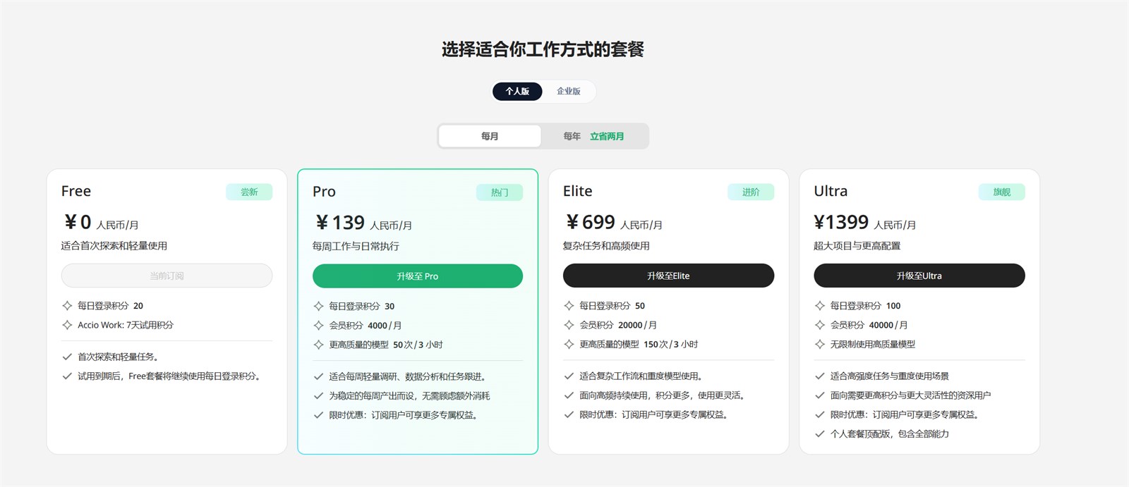 2026 年 7 月 AccioWork 个人版月付套餐页面截图