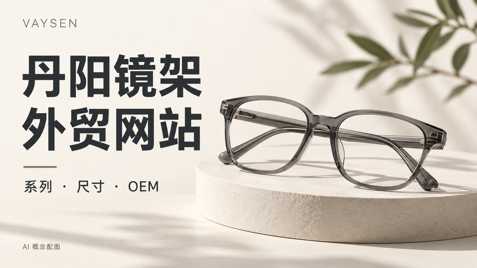 AI概念海报:Vaysen丹阳镜架外贸网站,系列、尺寸与OEM