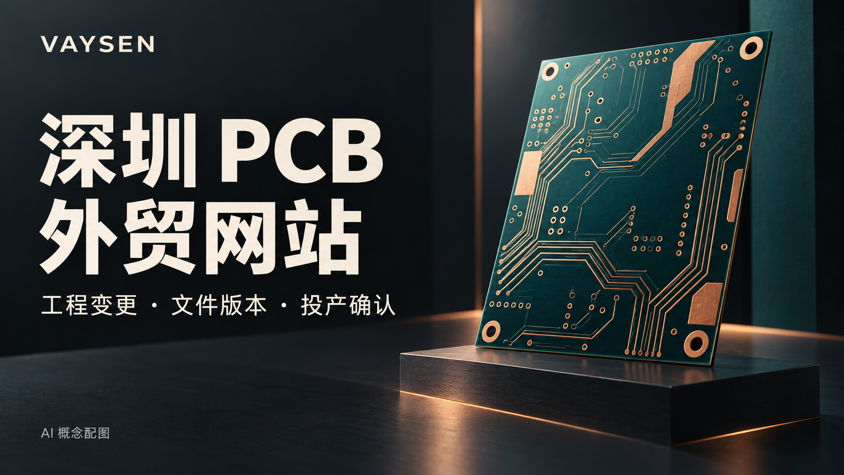 AI概念海报:Vaysen深圳PCB外贸网站,工程变更、文件版本与投产确认