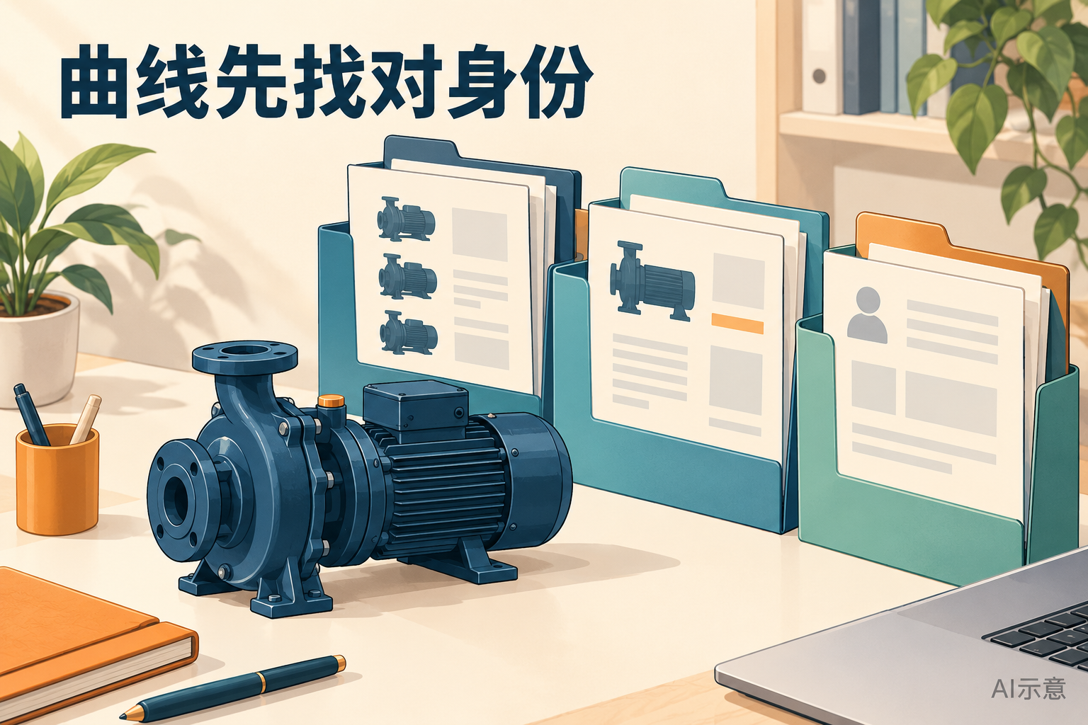 AI示意:虚构水泵旁放置系列、具体配置与询价记录的三类资料夹