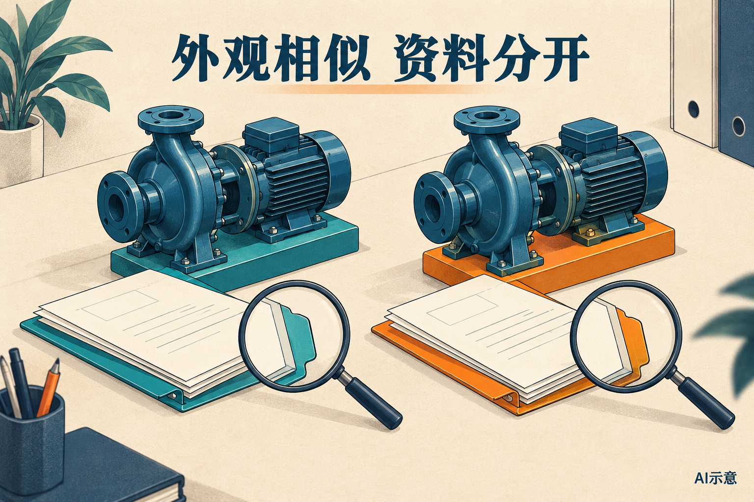 AI示意:两台外观相近的虚构水泵分别对应不同颜色标签的资料