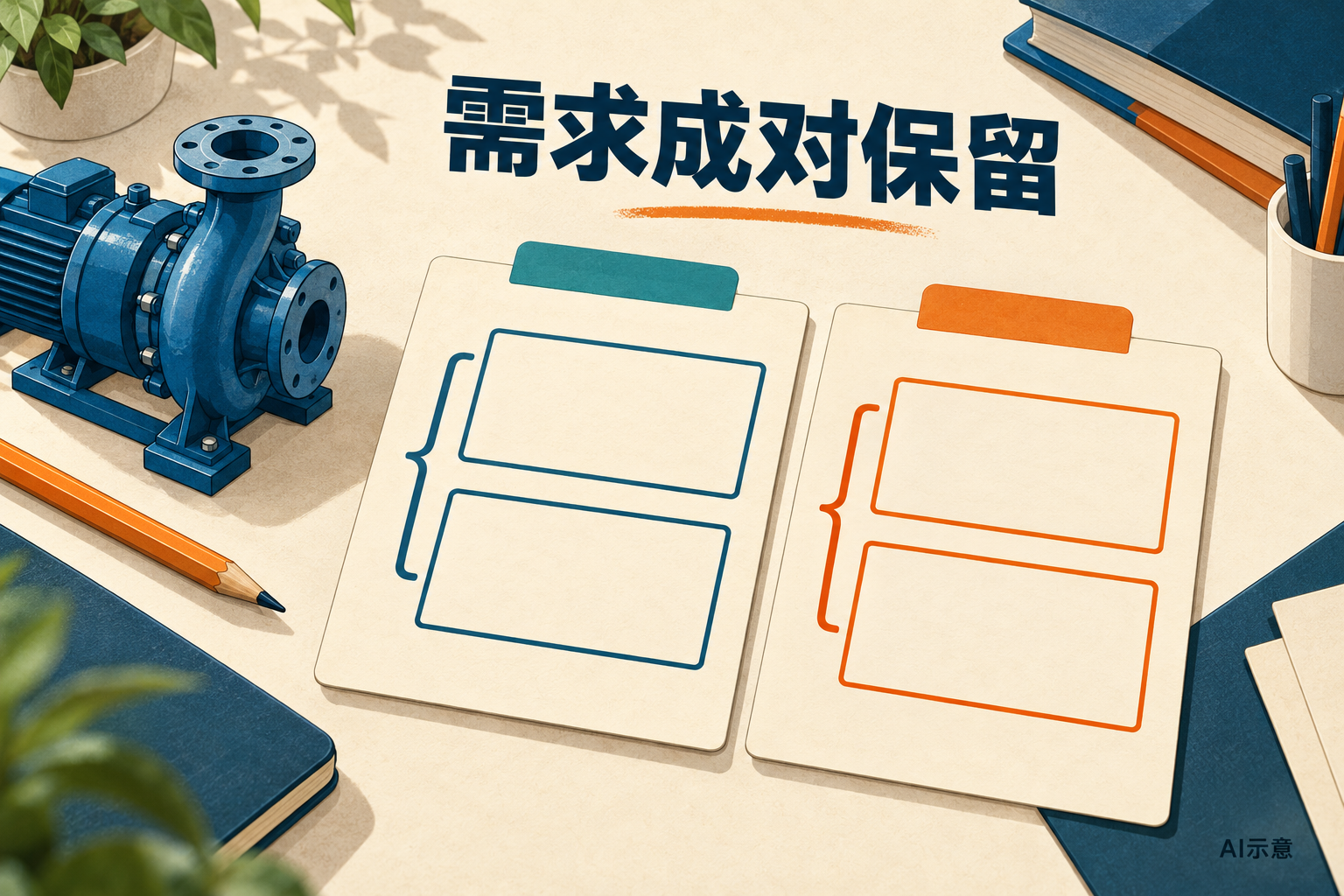AI示意:两张需求卡各自保留成对空白字段,表达不同情况不能交叉拼接